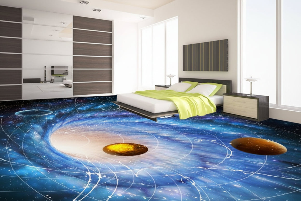 Modern bedroom with a galaxy-themed floor